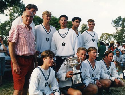 Peter Philp (left) with the College 1st VIII, 1993